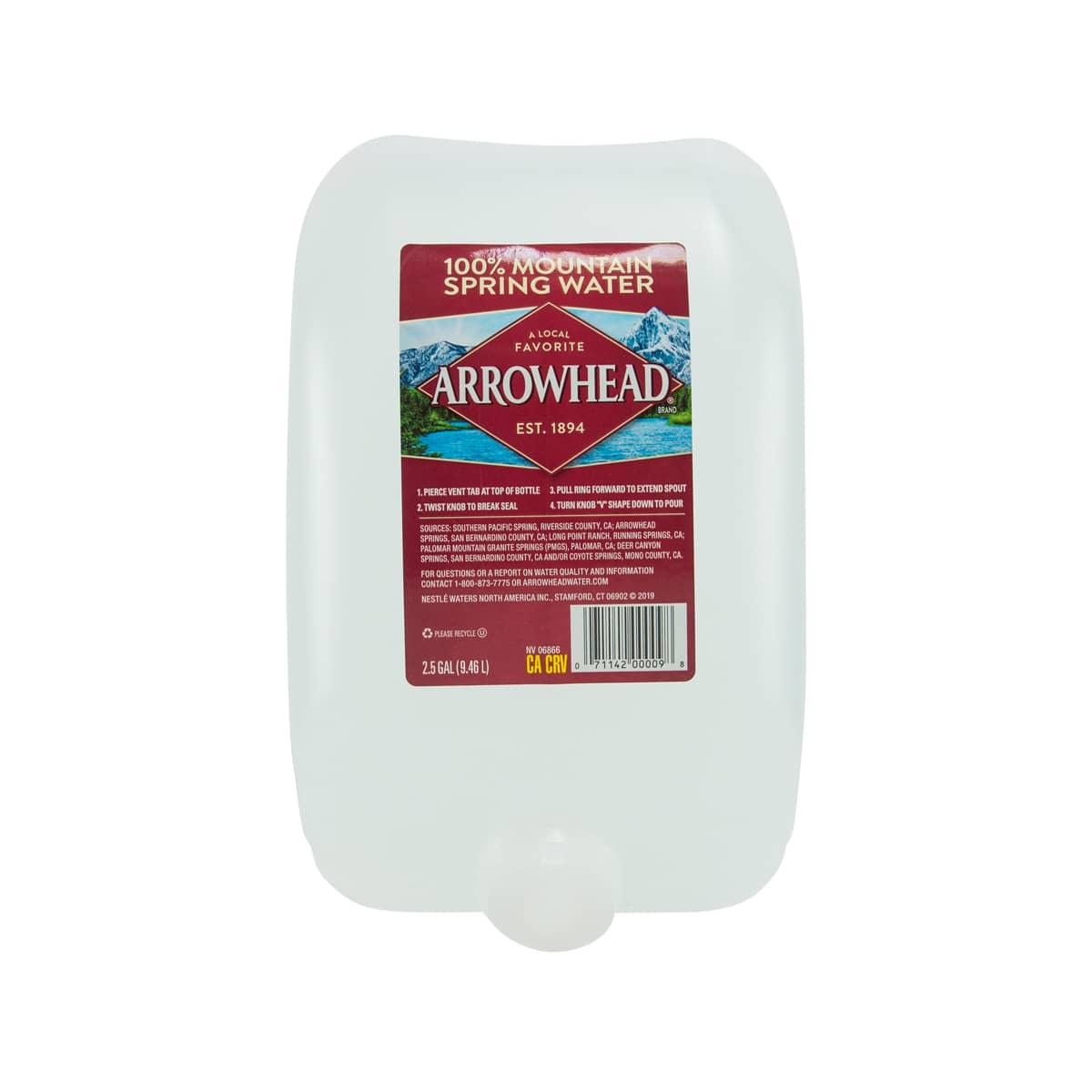 ARROWHEAD mountain spring water jug, 9.46 L, front label on white plastic container