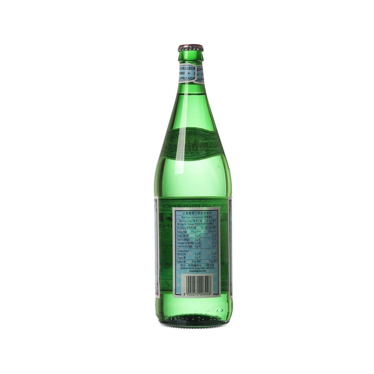 1L sparkling water bottle, green glass with foil cap and barcode back label