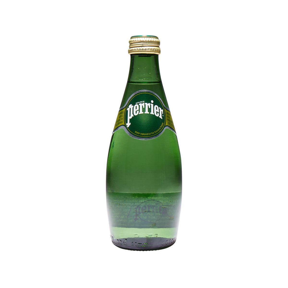 PERRIER sparkling mineral water bottle, green glass, gold cap, front label