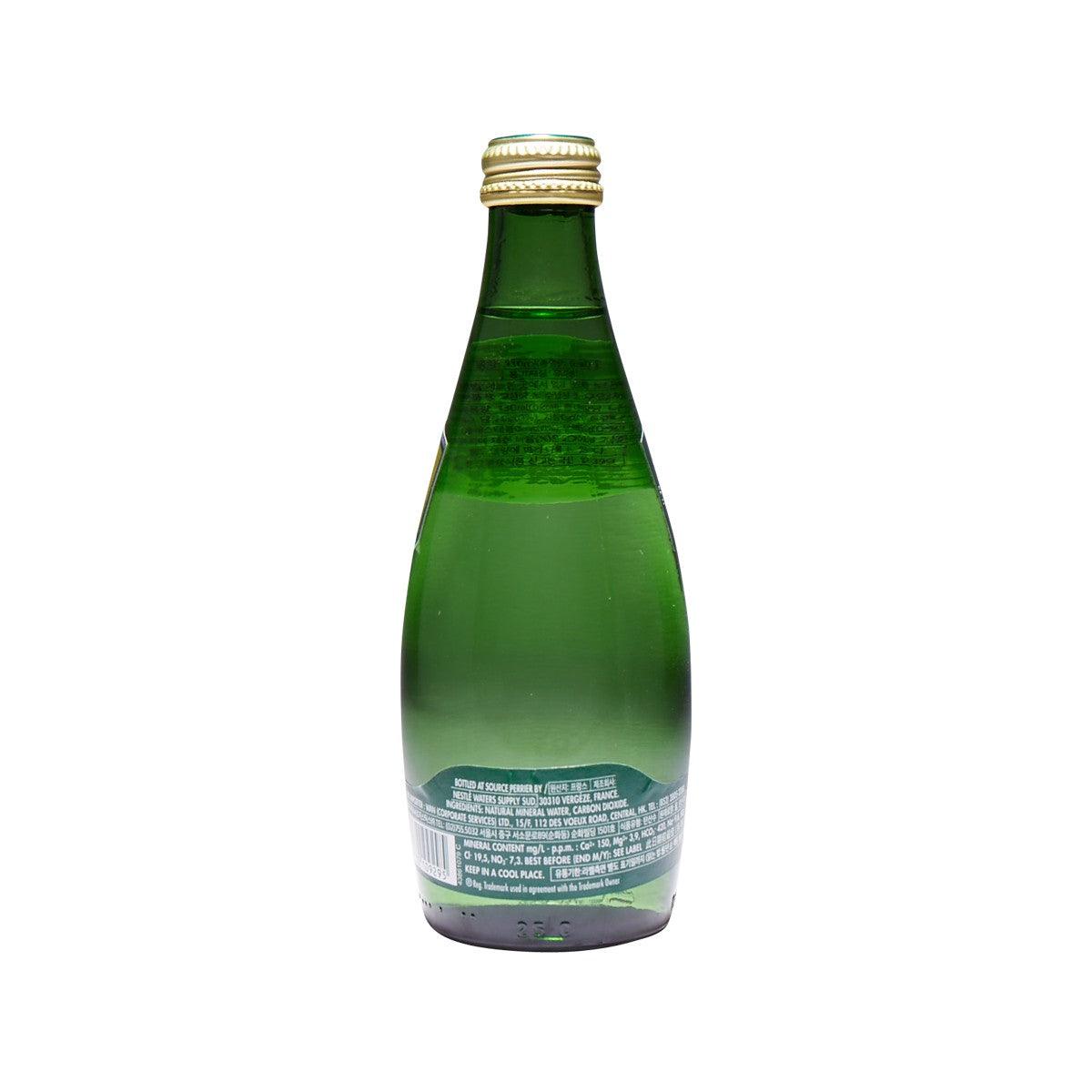 PERRIER sparkling mineral water bottle, green glass, gold cap, back label text