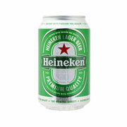 Heineken lager beer can, green with red star logo, 330 mL