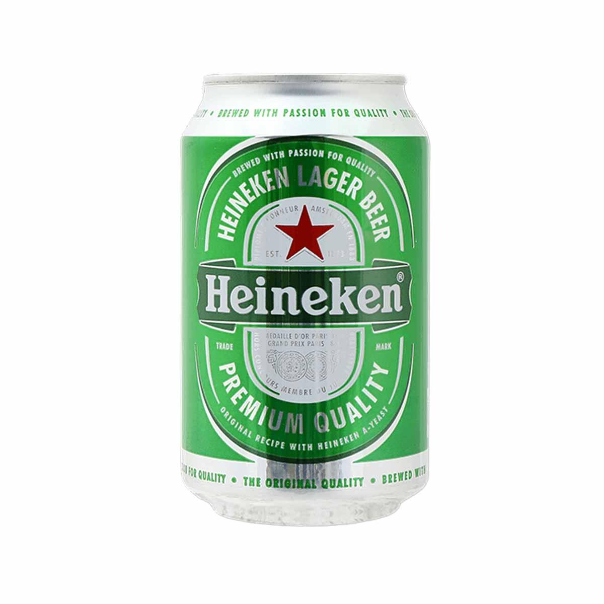 Heineken lager beer can, green with red star logo, 330 mL