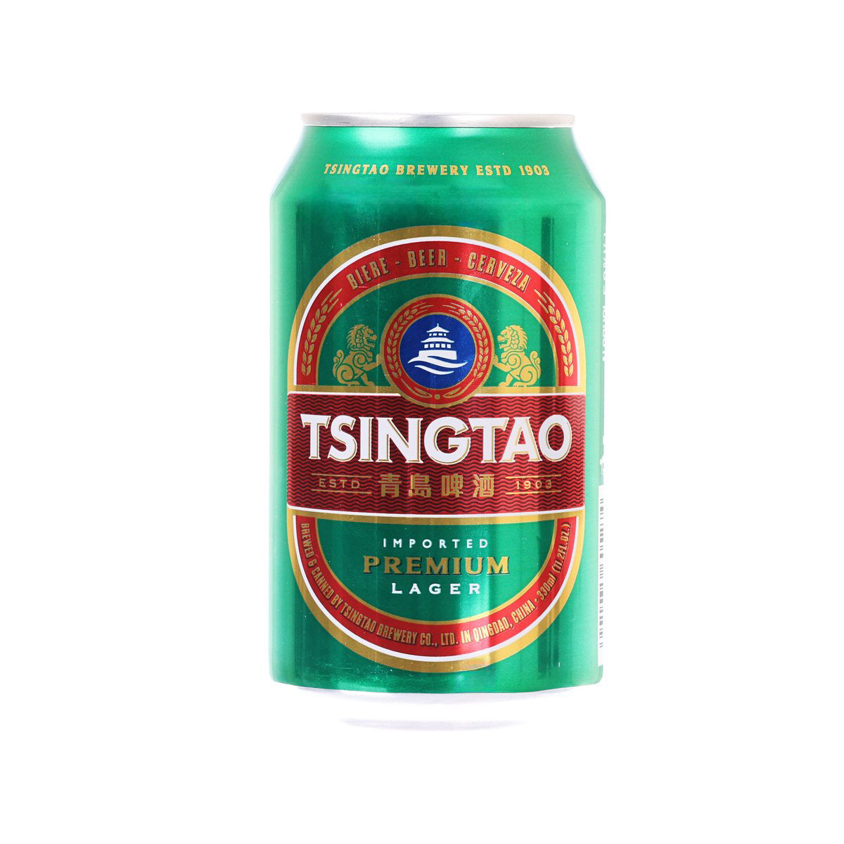 Green TSINGTAO Premium Lager beer can, 330 mL, pull-tab top