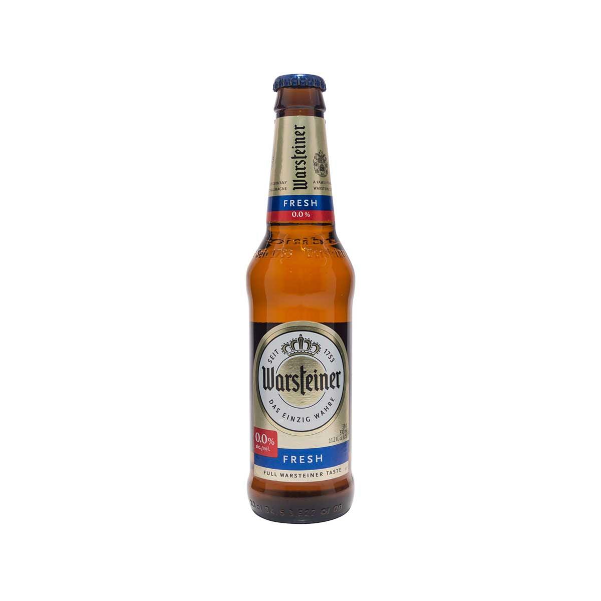 WARSTEINER non-alcoholic beer bottle, 330 mL, amber glass with blue cap and label