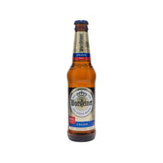 WARSTEINER non-alcoholic beer bottle, 330 mL, amber glass with blue cap and label