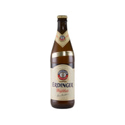 ERDINGER wheat beer bottle, 500 mL, dark glass with gold cap and front label.