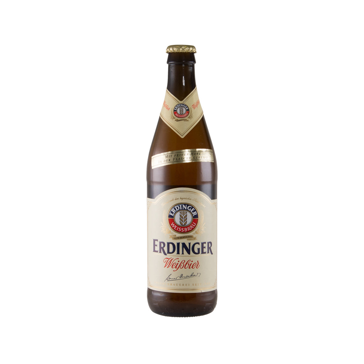 ERDINGER wheat beer bottle, 500 mL, dark glass with gold cap and front label.