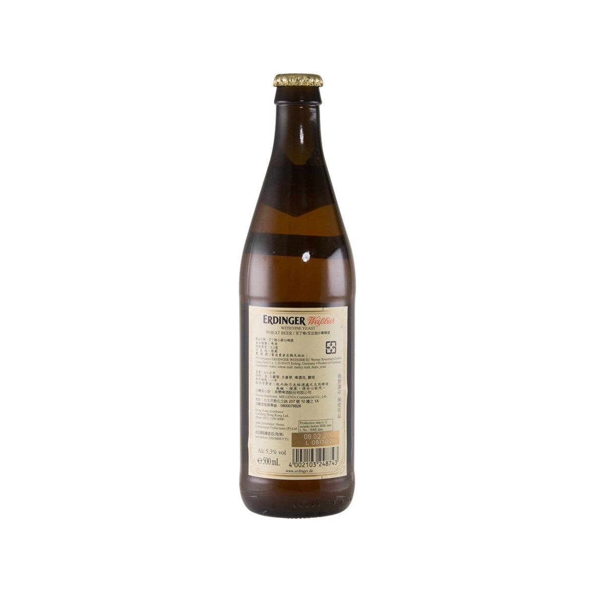 ERDINGER wheat beer bottle back label, 500 mL, dark glass with gold cap.