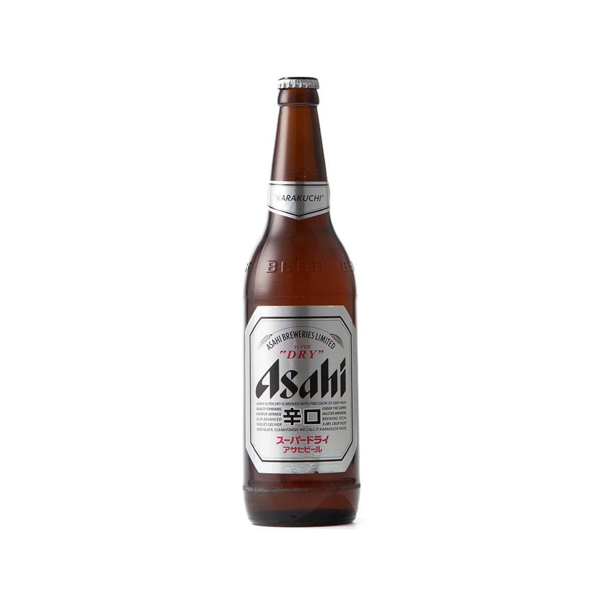 ASAHI Super Dry beer bottle, 633 mL brown glass with front label