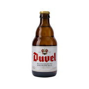 DUVEL Belgian golden ale bottle with gold cap, amber glass and front label