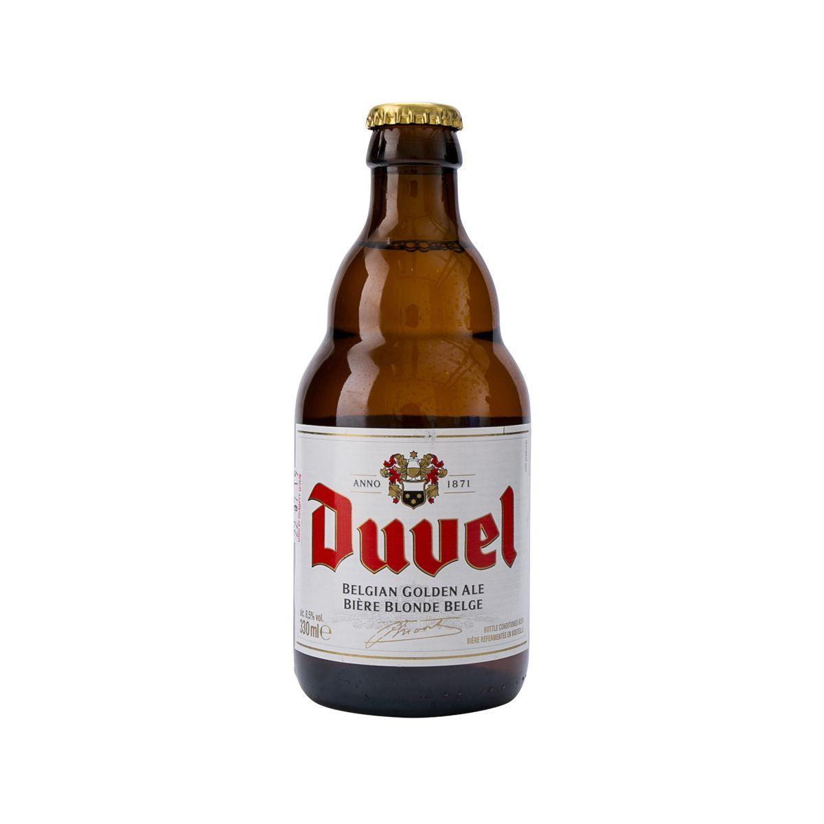 DUVEL Belgian golden ale bottle with gold cap, amber glass and front label
