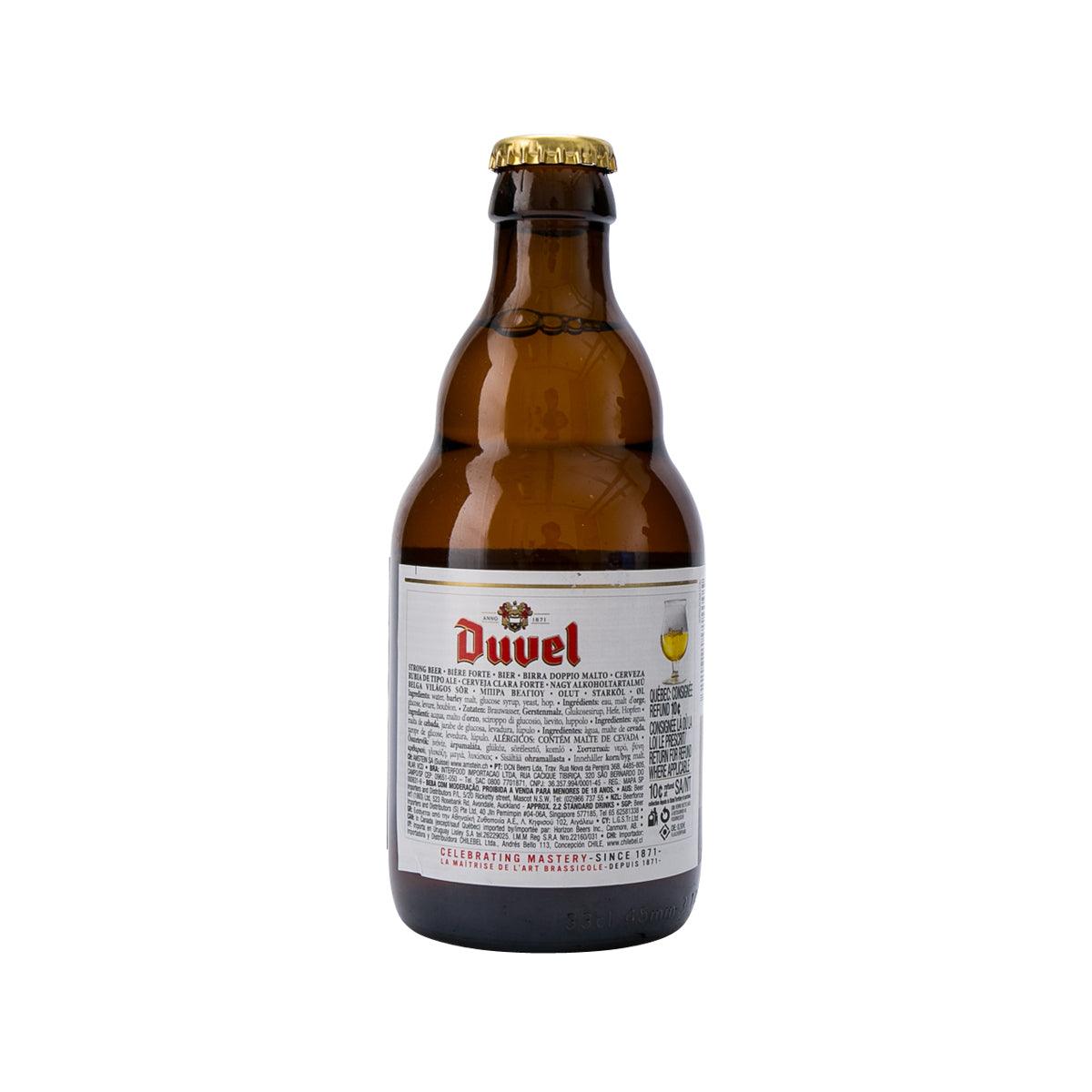 DUVEL Belgian golden ale bottle with gold cap, amber glass and back label text