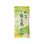 Green tea powder pouch, Makinohara 100g, front label with green artwork