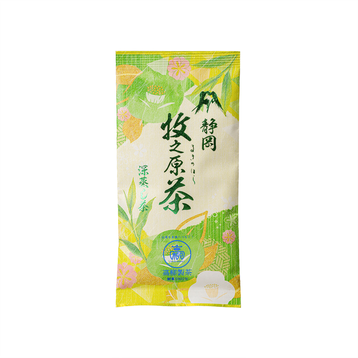 Green tea powder pouch, Makinohara 100g, front label with green artwork