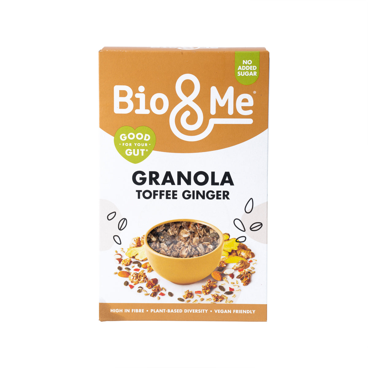 Granola carton labeled Bio & Me Toffee Ginger, no added sugar, 360g