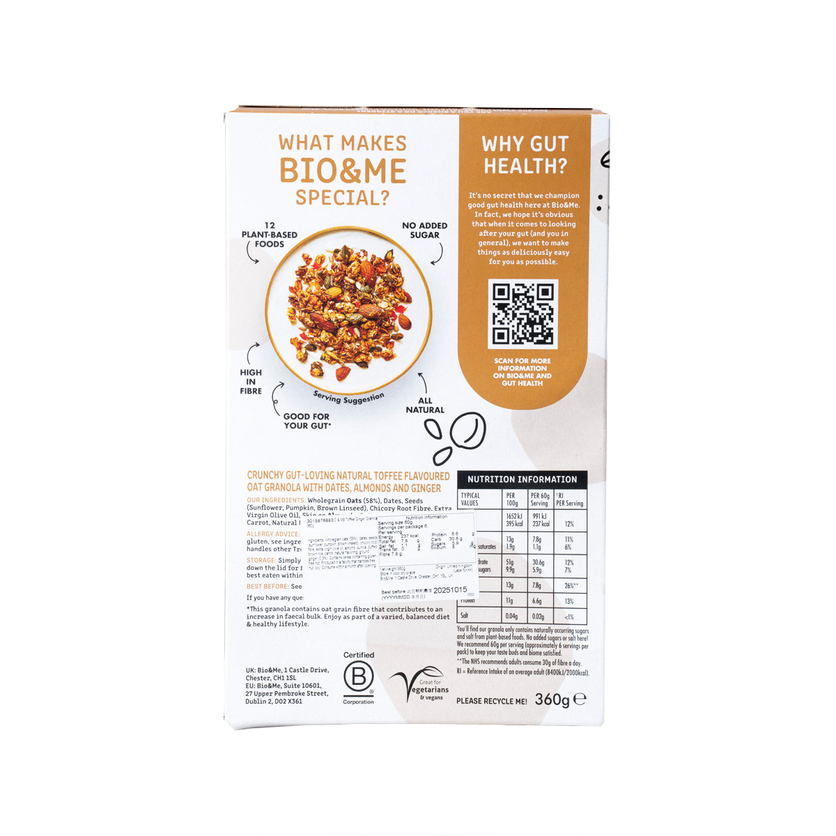 Granola carton back with ingredient and nutrition panels, 360g