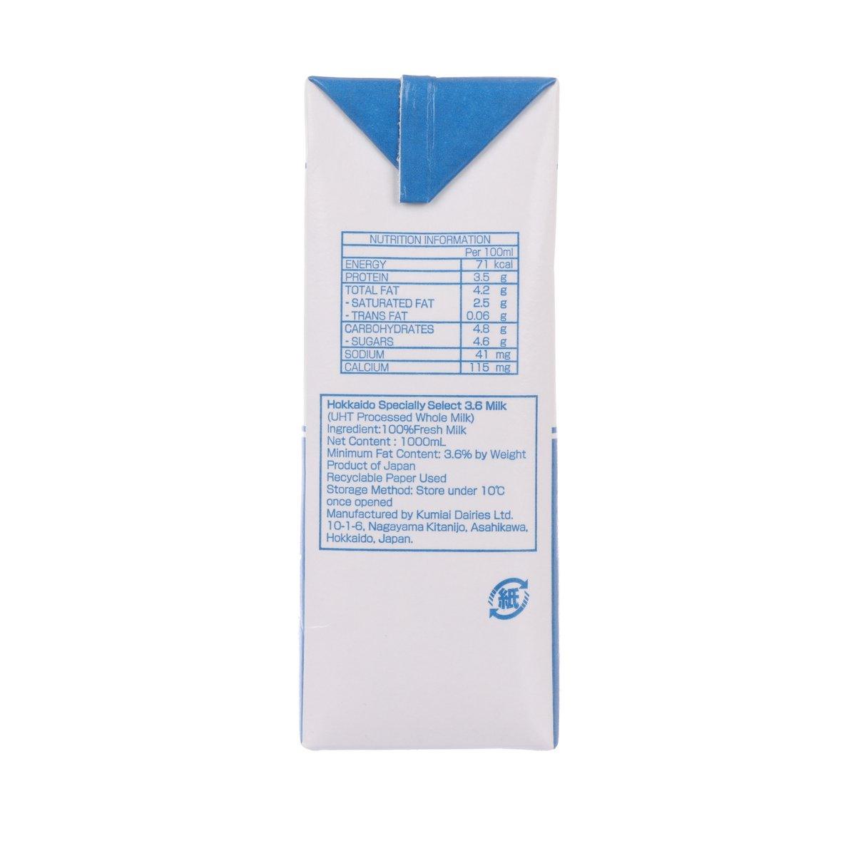 HOKKAIDO 3.6 milk 1000mL carton, back with nutrition facts panel