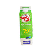 Green high-calcium low-fat milk drink carton with white cap and Dairy Farm logo