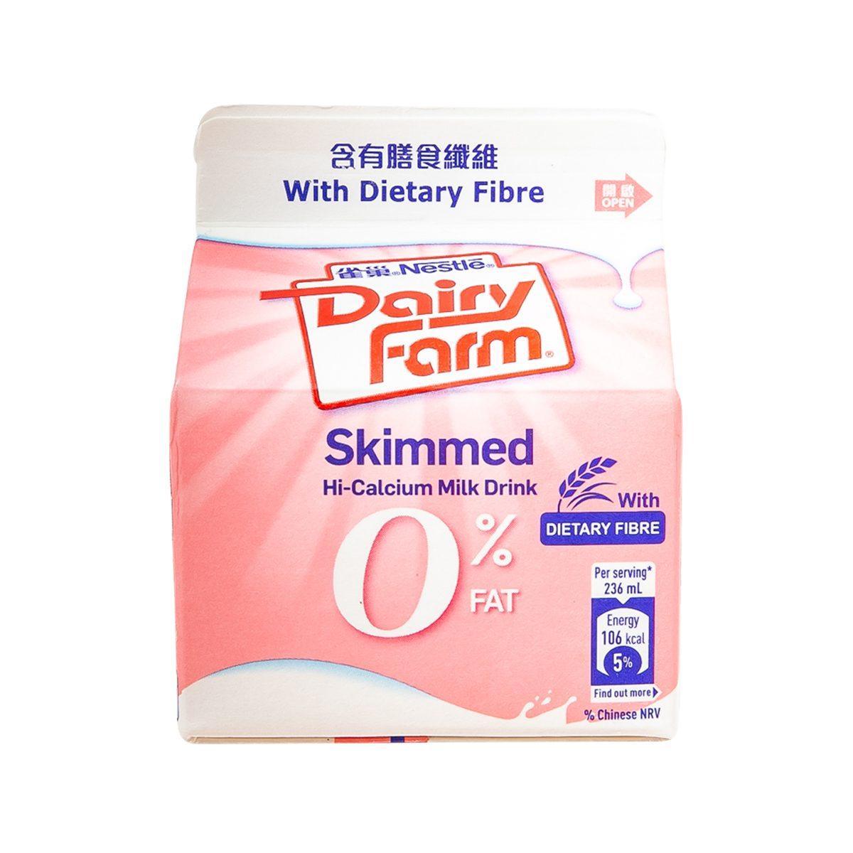 NESTLE Dairy Farm Skimmed Hi-Calcium milk drink carton, red and white, 0% fat