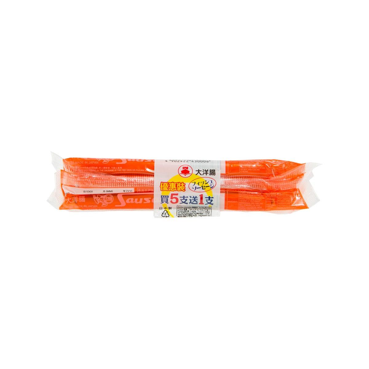 TAIYO fish meat sausage pack with 5 orange sausages in clear wrapper, 24g