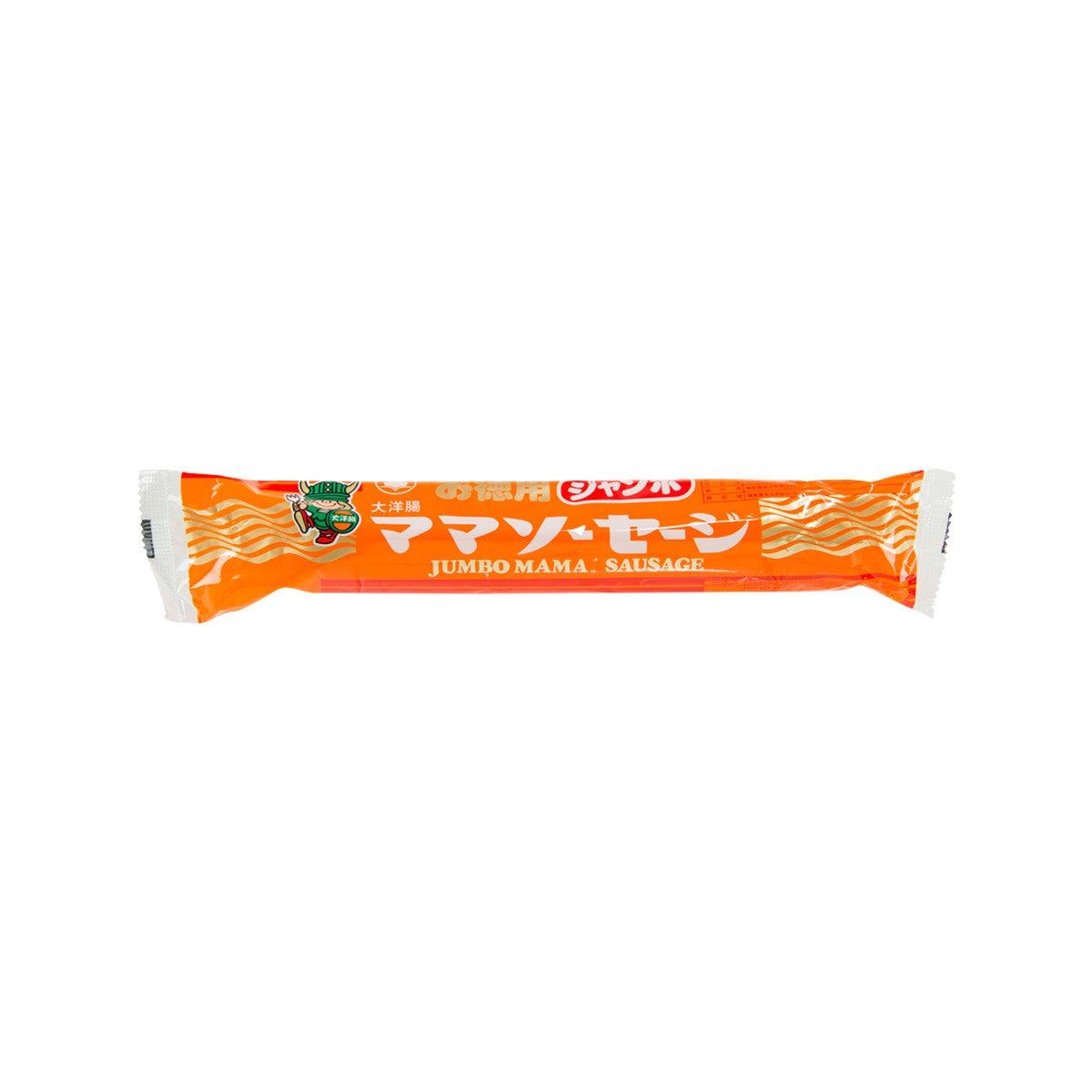 Jumbo Mama fish meat sausage pack, orange wrapper with front branding and label
