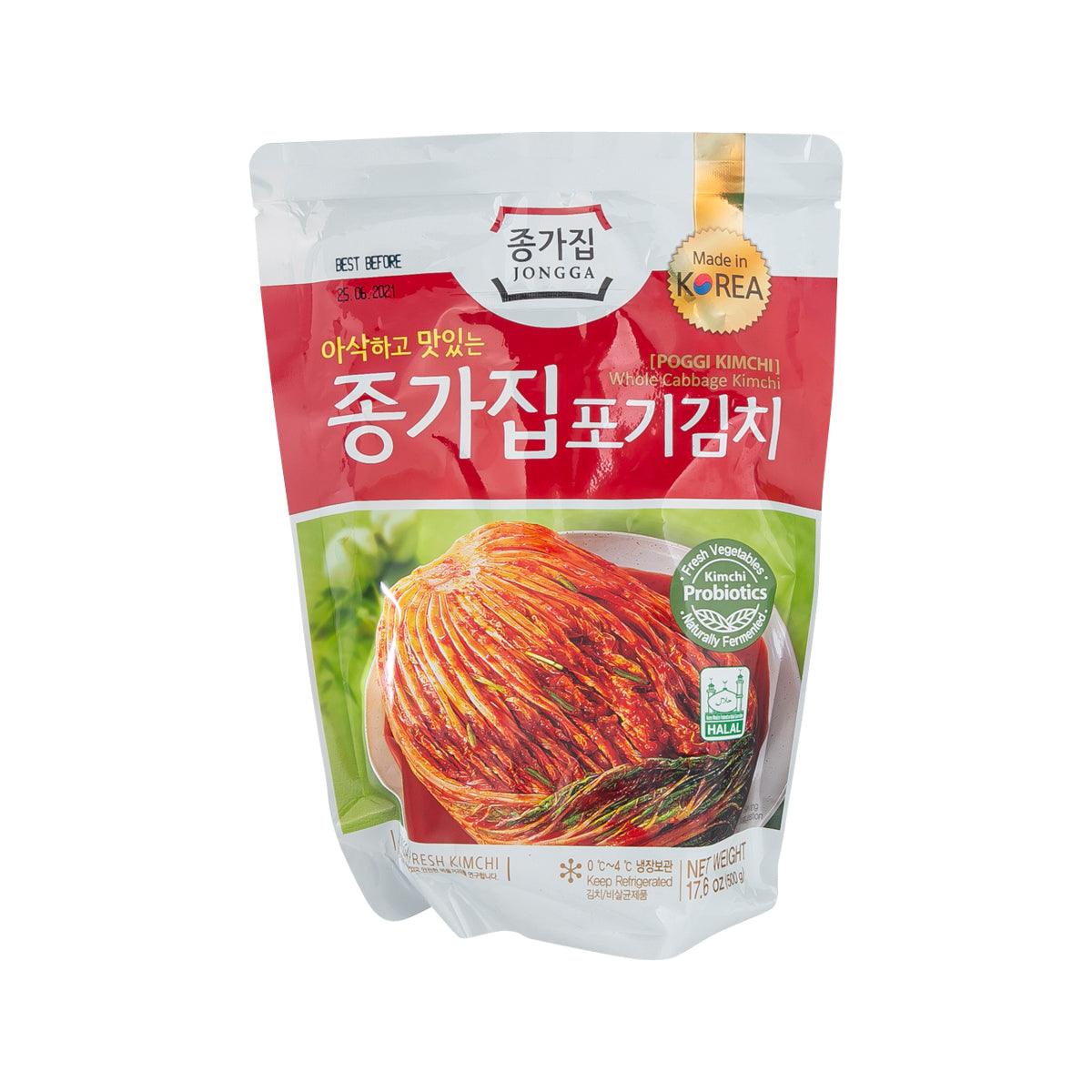 JONGGA Poggi kimchi pouch, 500g, red chili cabbage kimchi in clear window