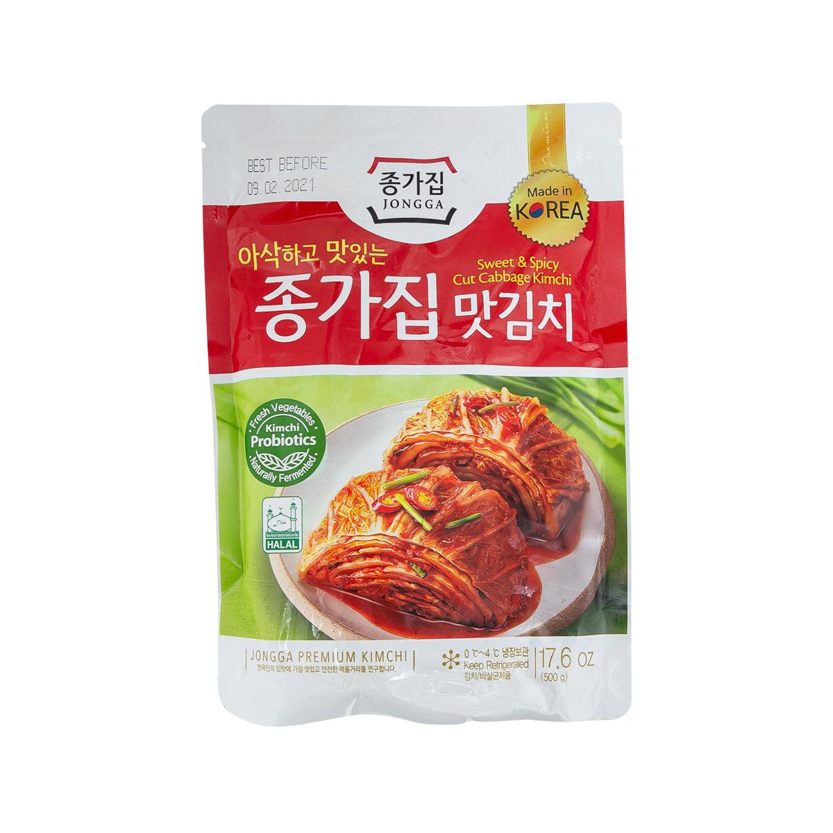 Spicy kimchi cabbage in sealed red-and-white pouch