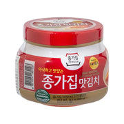 JONGGA mat kimchi cut jar, red and beige label, plastic container with lid