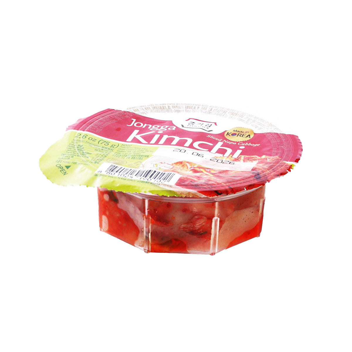 JONGGA Mat kimchi container with red kimchi visible through clear packaging