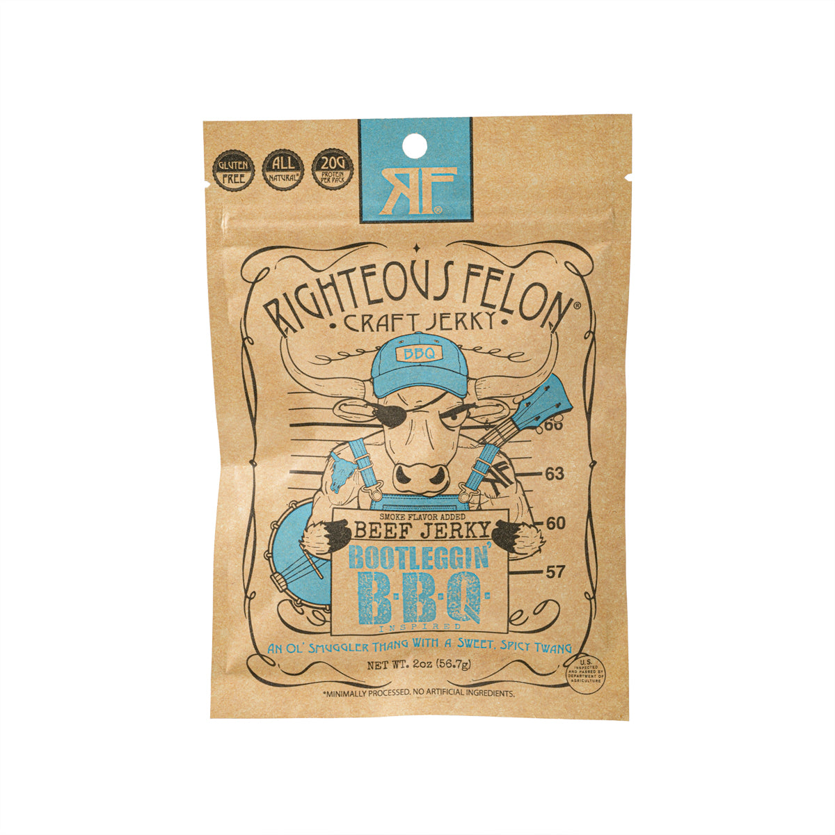 Kraft pouch of Righteous Felon Beef Jerky, BBQ Bootleggin flavor, front view