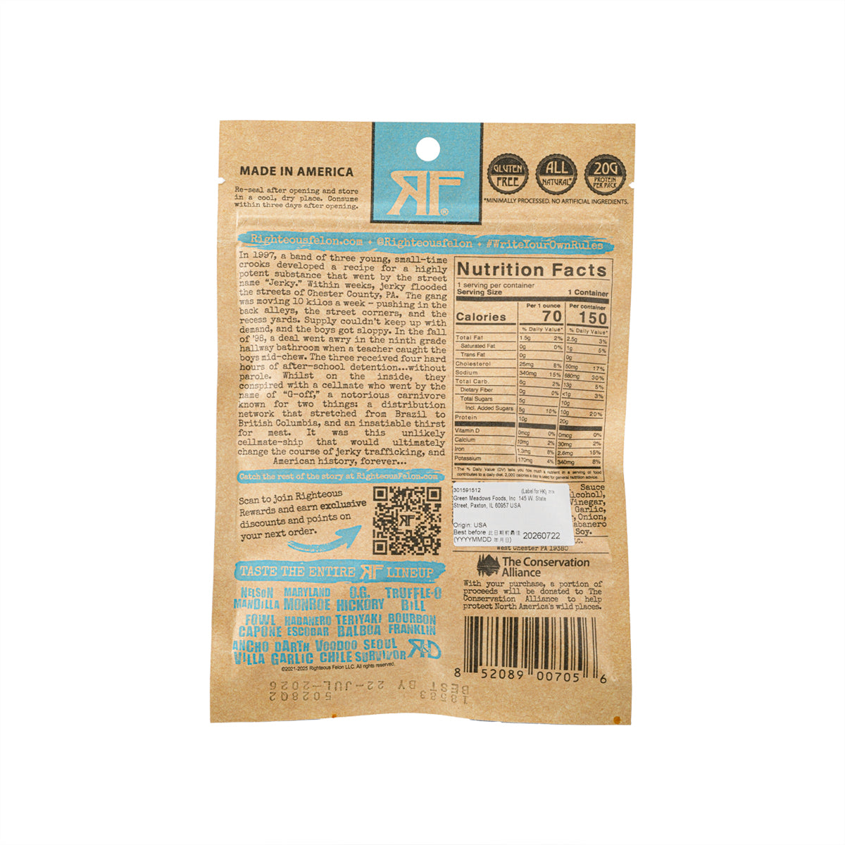 Back of kraft jerky pouch with Nutrition Facts and ingredients table