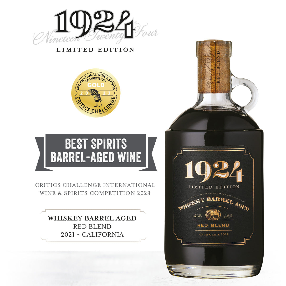Limited edition whiskey barrel-aged red blend bottle with cork and detailed label