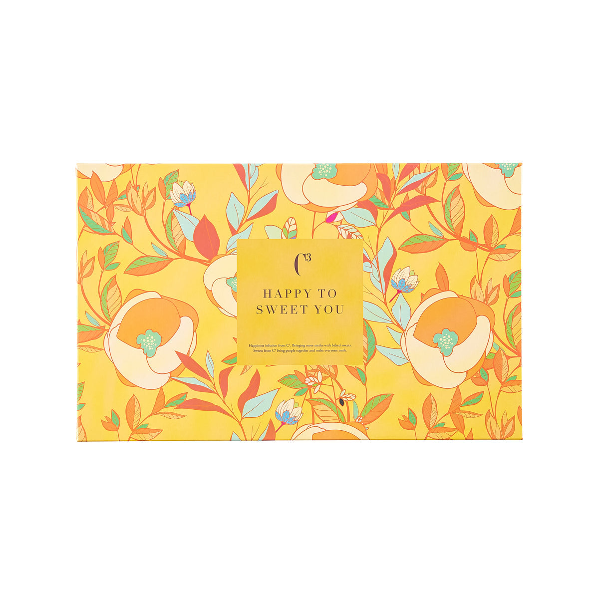 Sweet snack gift box with colorful leaf pattern and “Happy to Sweet You” label