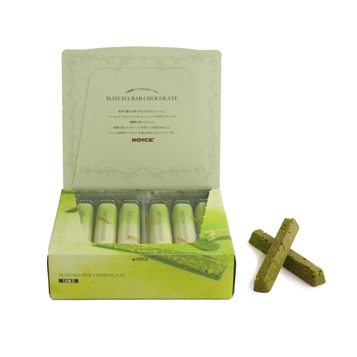 Open matcha bar chocolate box with multiple green bars and two loose bars