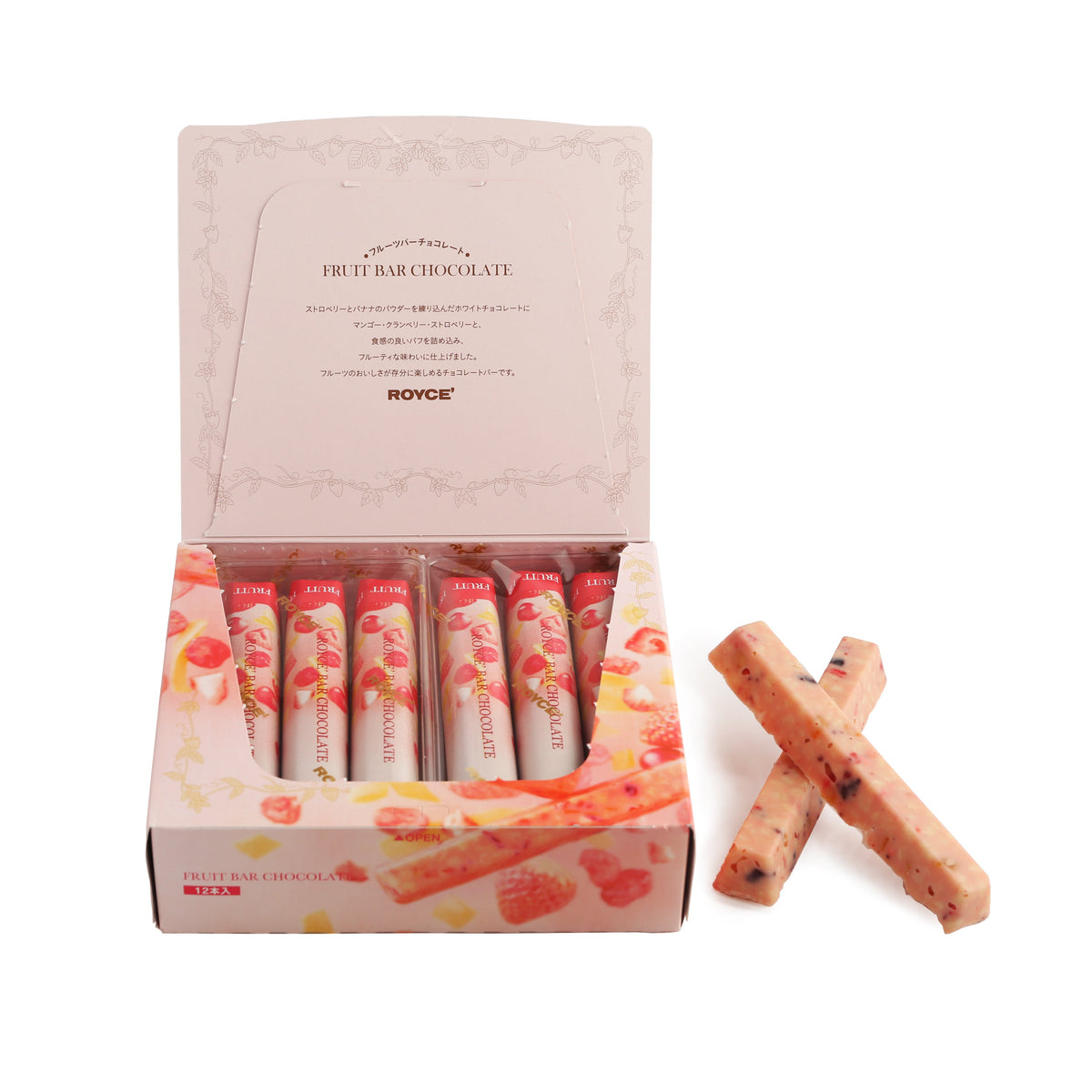 Open box of ROYCE' fruit bar chocolate bars with two loose bar pieces.