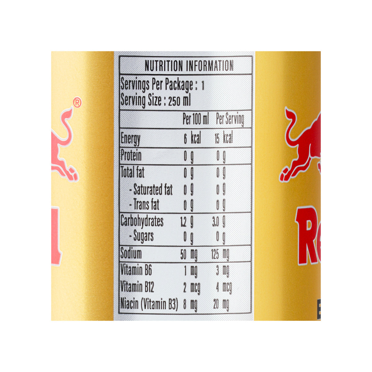 Nutrition information panel on Red Bull zero sugar energy drink can.