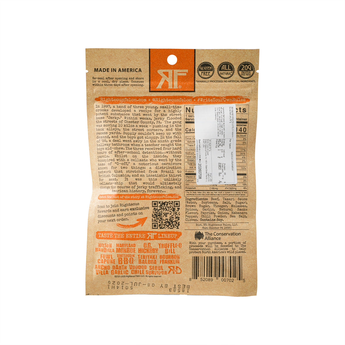 Back of beef jerky pouch showing ingredients and nutrition table
