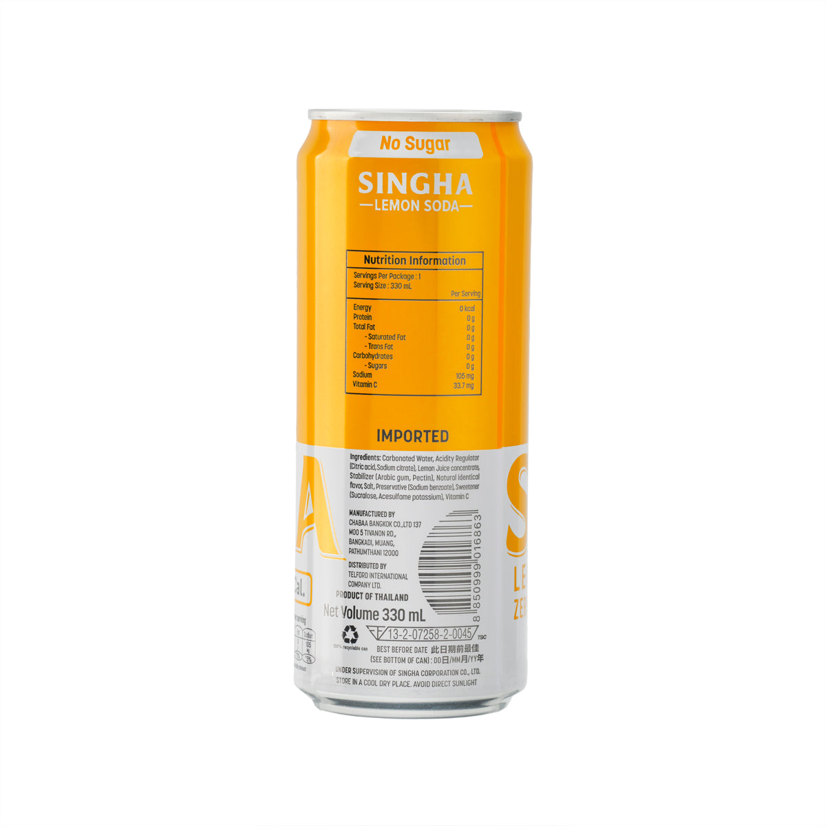 SINGHA lemon soda zero sugar can, back label with nutrition info, 330 mL