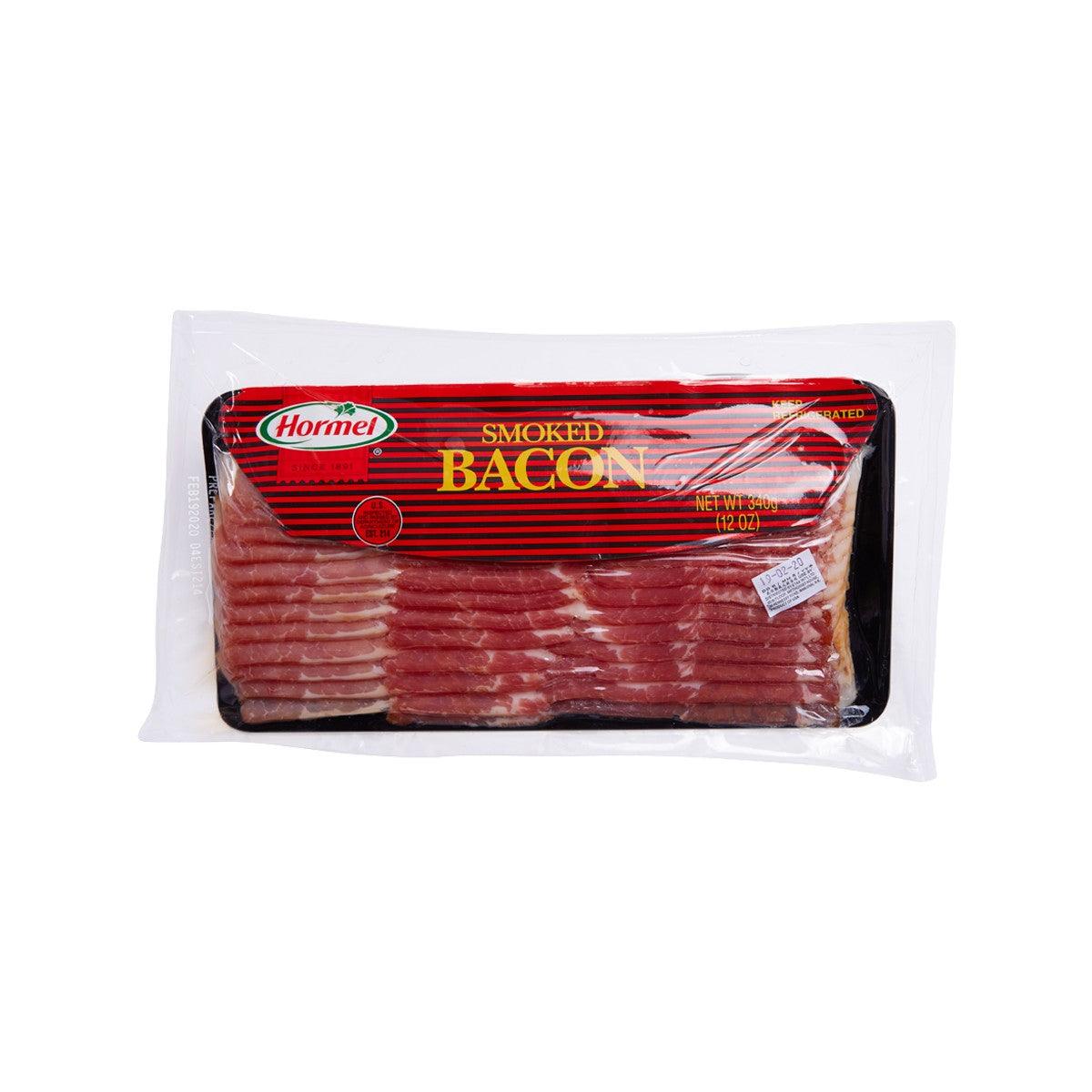 HORMEL smoked bacon package with red cured bacon slices in clear plastic wrap