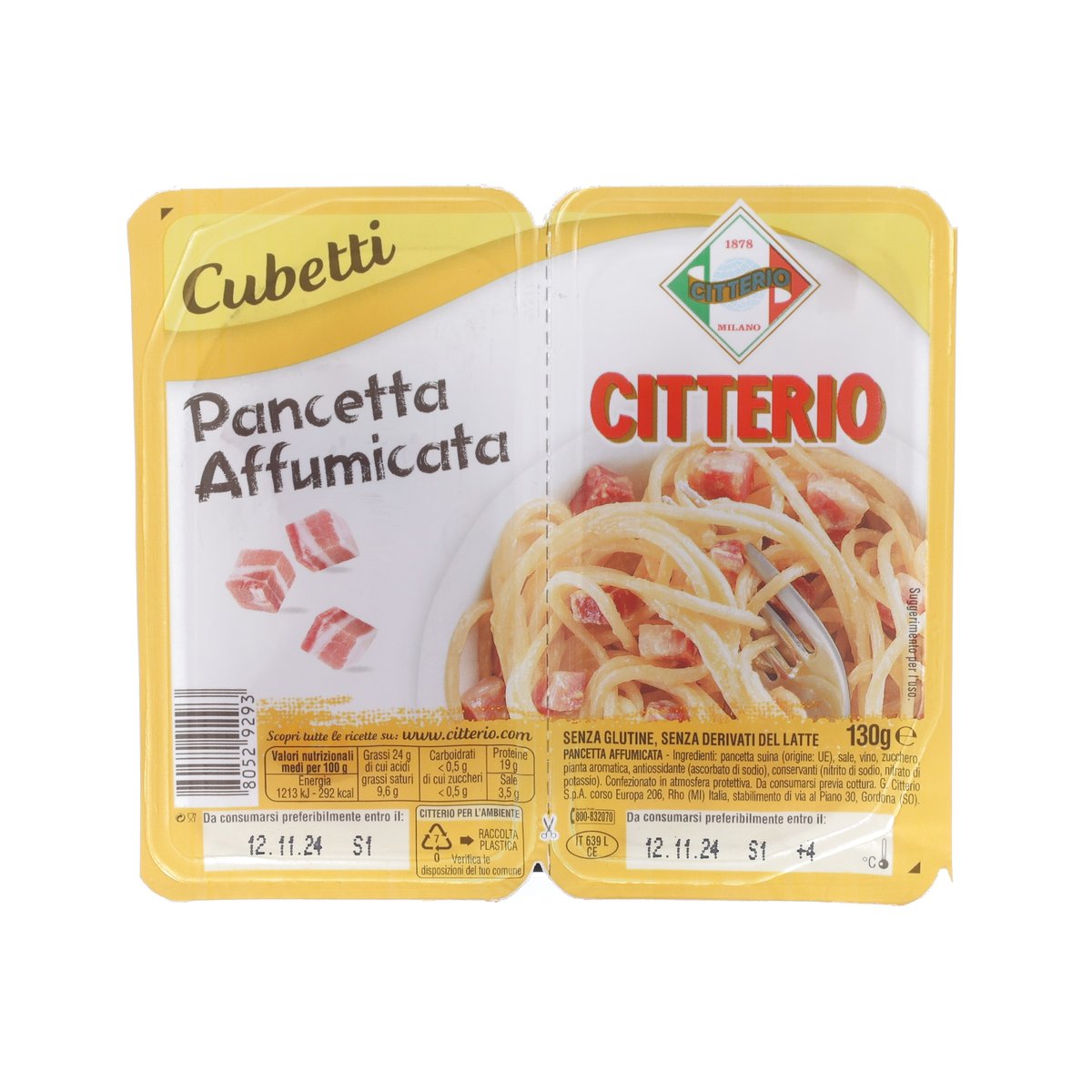 CITTERIO smoked bacon cubes (130g) in yellow sealed plastic packs