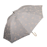 Floral shadow print umbrella with curved handle, gray-blue fabric canopy