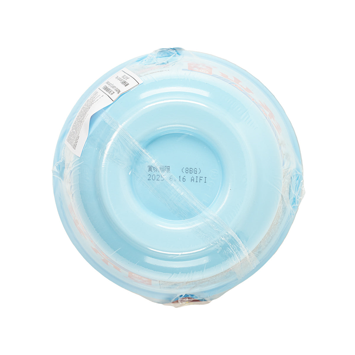 Instant noodle soup cup bottom view with blue printed manufacturing details