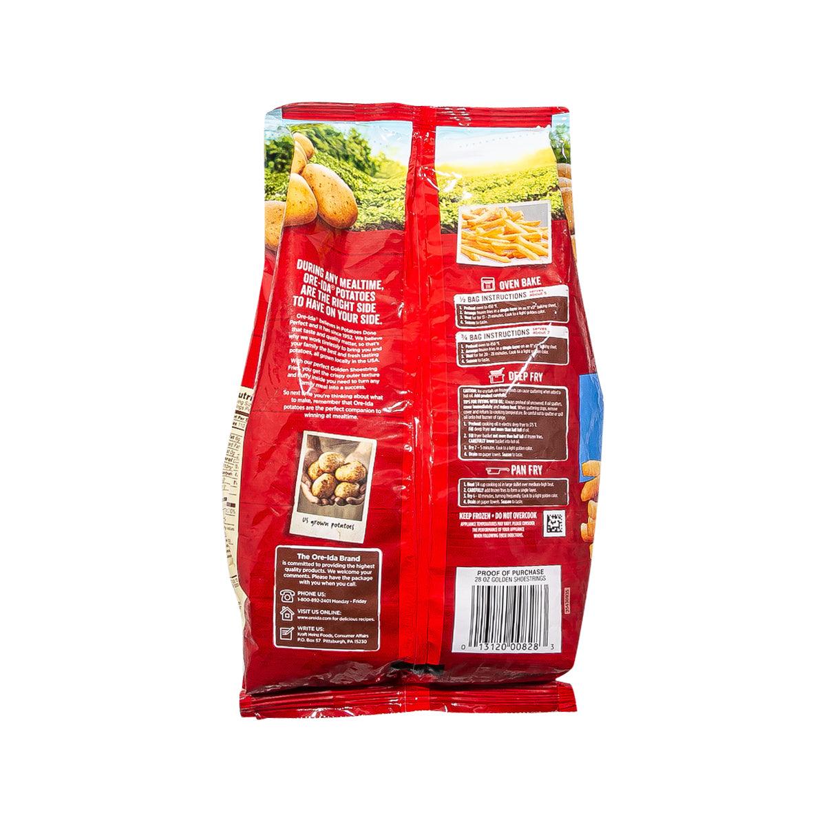 ORE-IDA shoestring potatoes bag back panel with ingredients and cooking directions