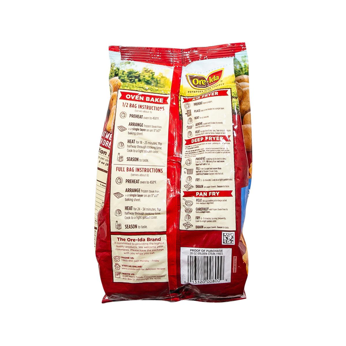 ORE-IDA Golden Steak Fries bag, back with cooking instructions and nutrition panel