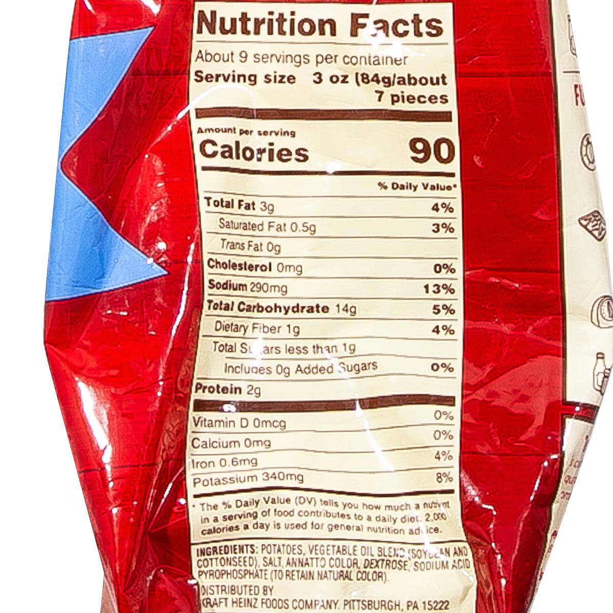 Nutrition Facts label showing calories 90 per serving on ORE-IDA fries bag