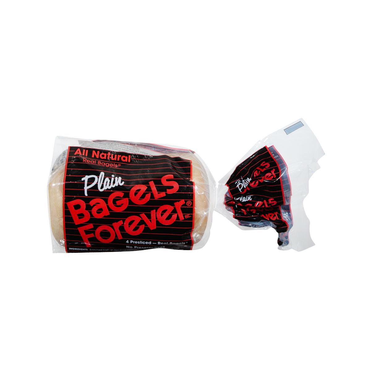 Pack of presliced plain bagels in clear plastic, two sealed portions with red label