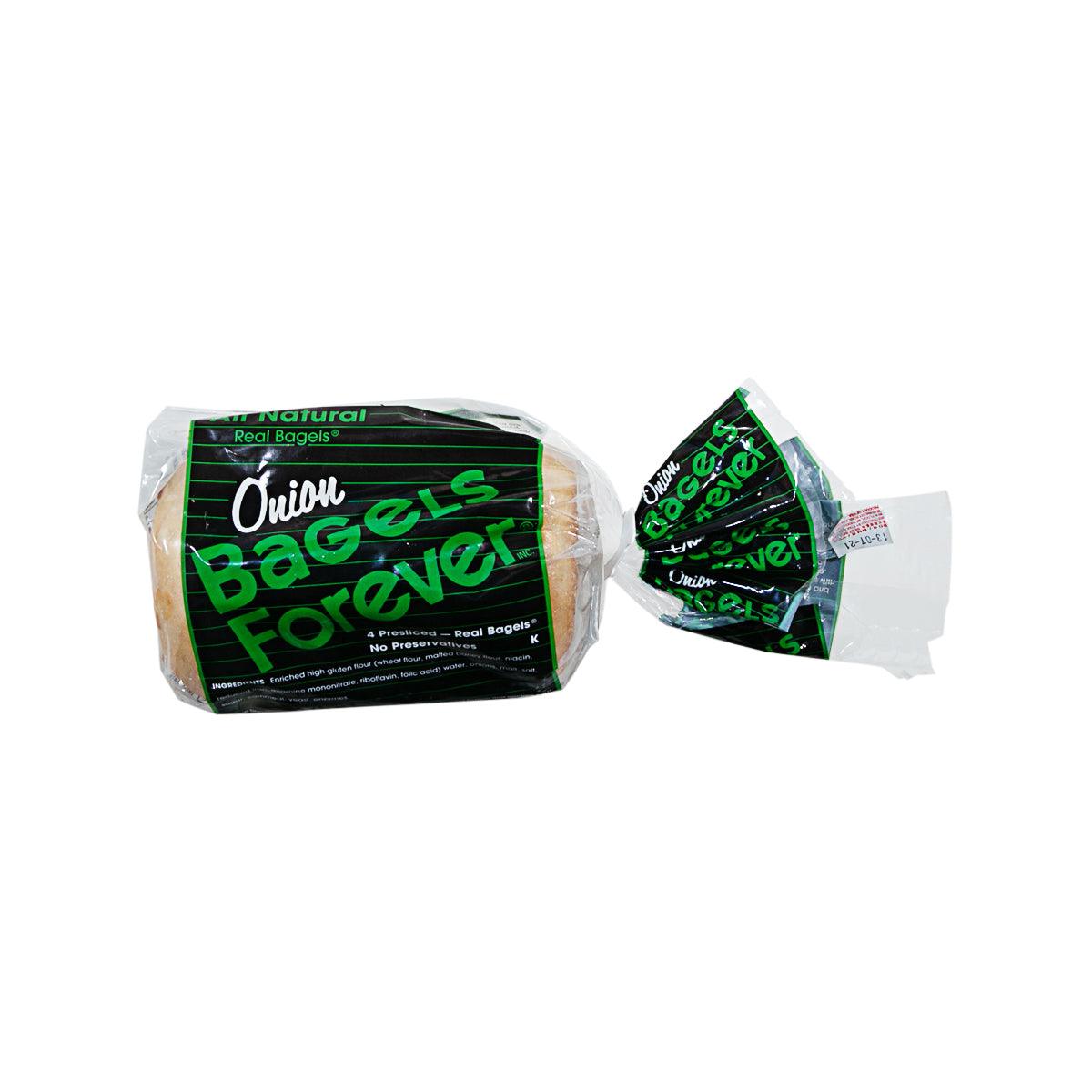 Presliced onion bagels in clear plastic bag with green label