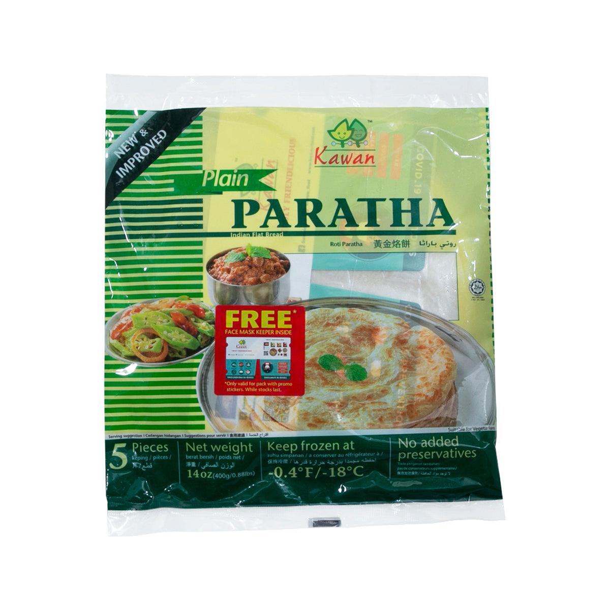 Frozen plain paratha flatbread in sealed retail pouch, green and yellow package