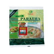 Frozen plain paratha flatbread in sealed retail pouch, green and yellow package