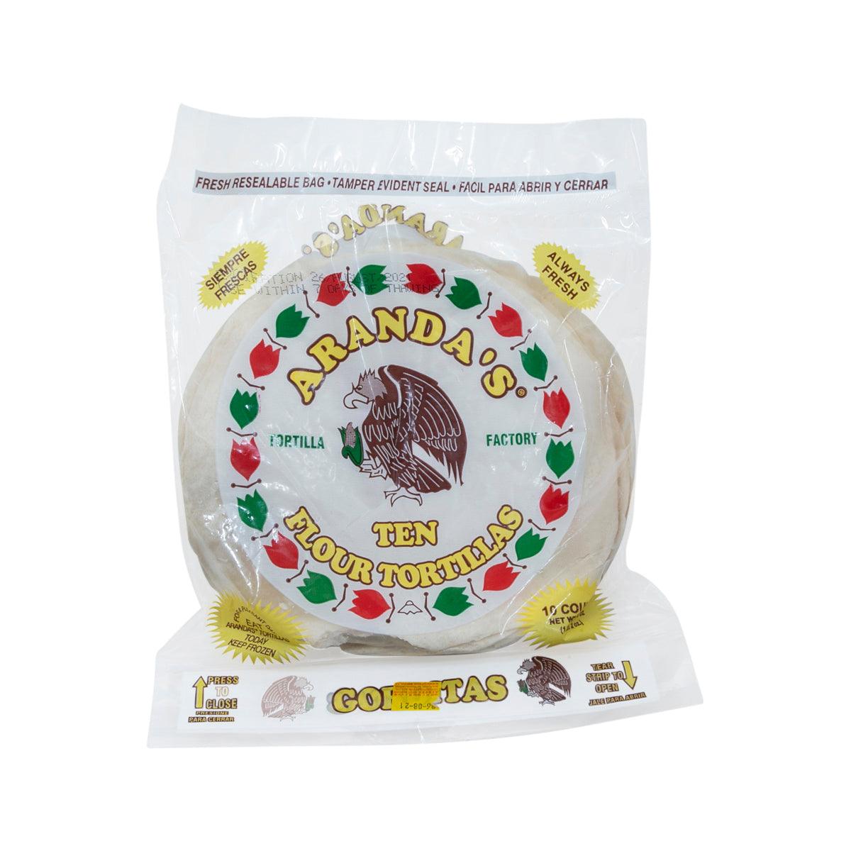 ARANDA'S flour tortillas in sealed bag, round tortilla stack visible